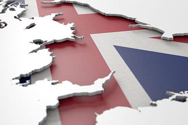 The shape of the country of Great Britain in the colours of its national flag recessed into an isolated white surface